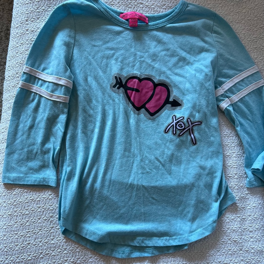 Betsey Johnson Teal and Pink Heart Long Sleeve Tee